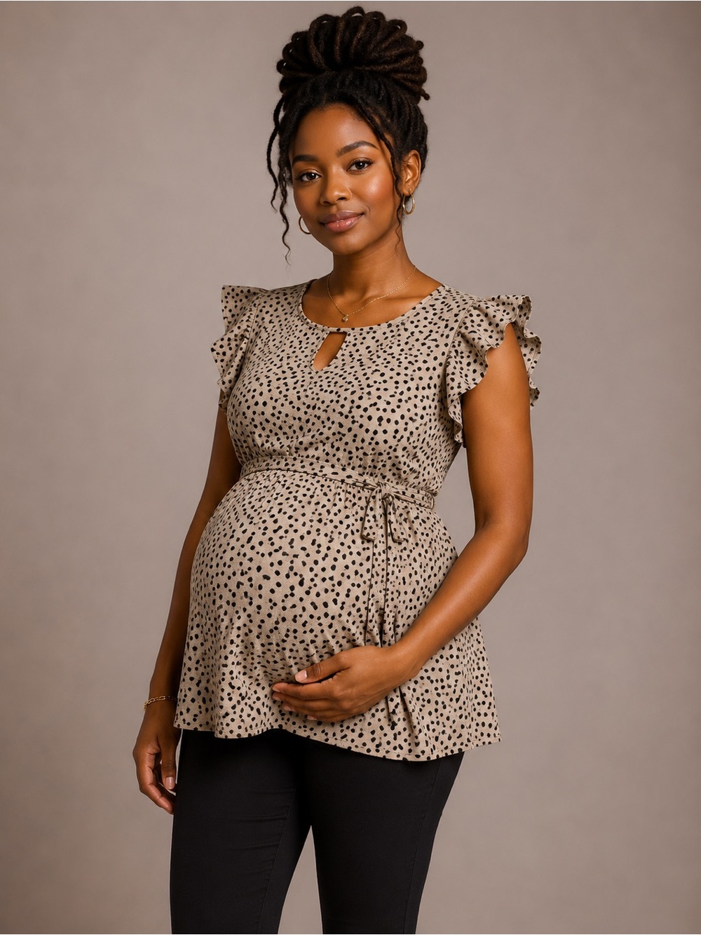 Maternity Ruffle Sleeve Keyhole Top - Taupe Spot Size Medium